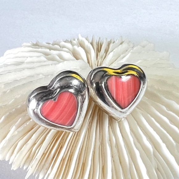 Sterling Silver Vintage Jewelry Heart Earrings - Post Rhodochrosite 925 Mexico - Picture 3 of 8